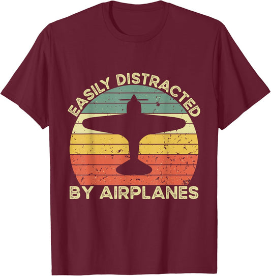 Easily Distracted Airplanes Aviation Pilot Airplane Lover T-Shirt - T-Shirt | Maroon