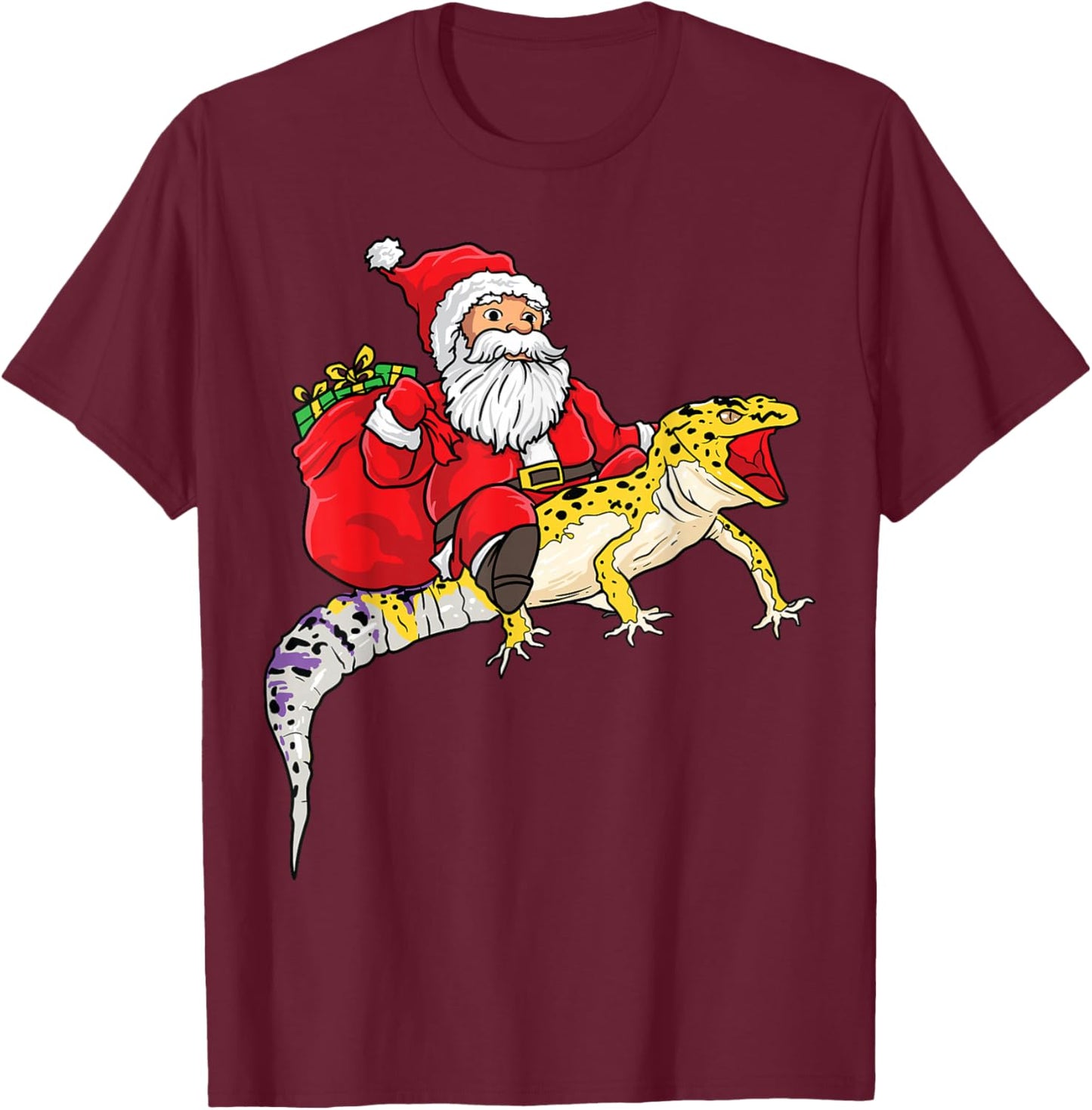 Fun Santa Delivering Presents On Leopard Gecko Lizard T-Shirt - T-Shirt | Maroon