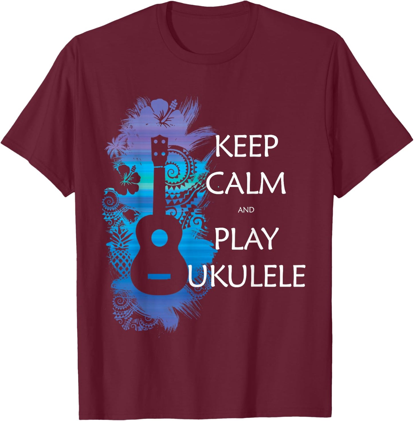 Keep Calm and Play Ukulele Tribal Colour T-Shirt - T-Shirt | Maroon