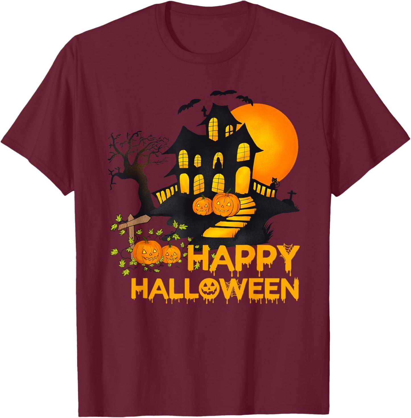 Happy Halloween Spooky Pumpkin Haunted House Men Women Kids T-Shirt - T-Shirt | Maroon