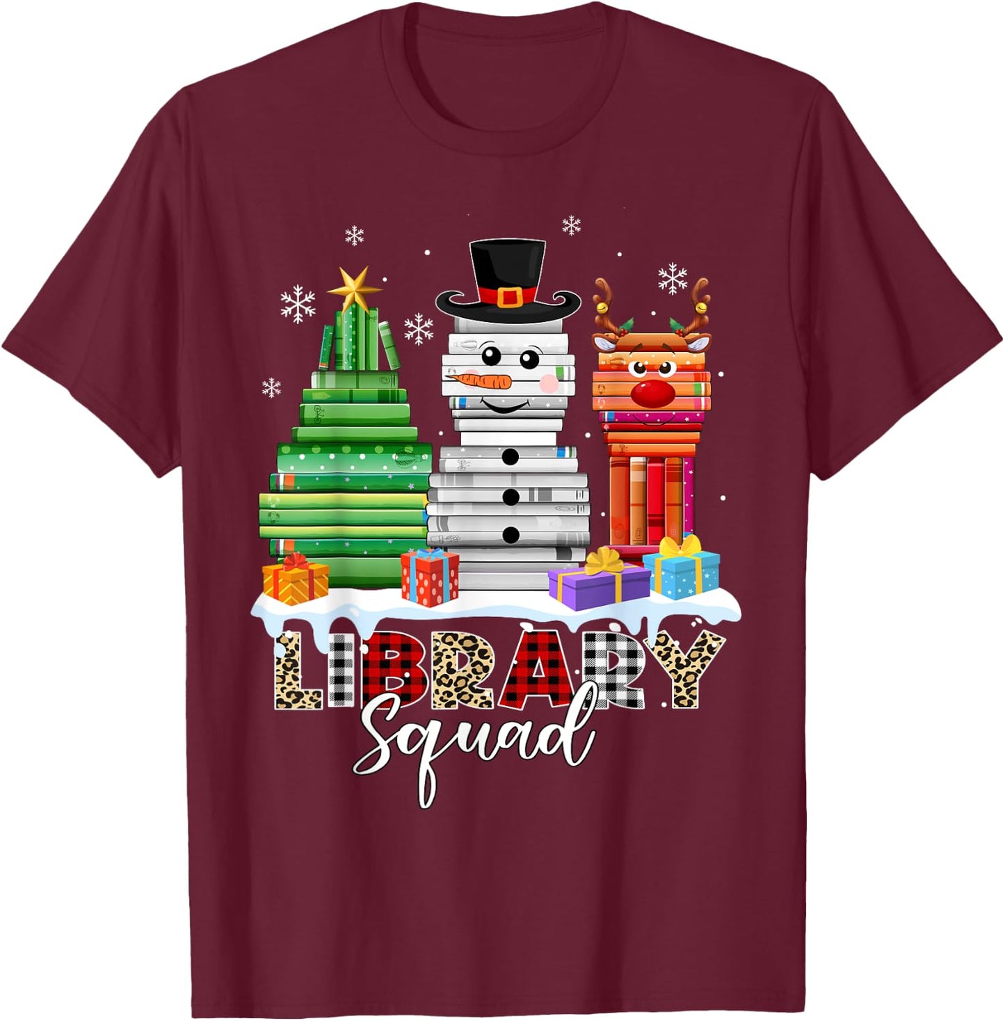 Christmas Librarian Books Xmas Tree Snowman Reindeer Library T-Shirt - T-Shirt | Maroon