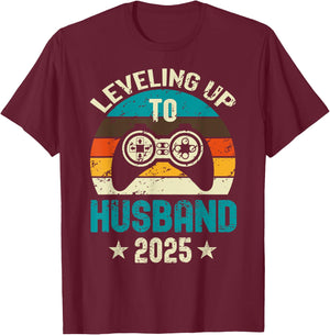 Engagement for Gamer Groom Leveling Up To Husband 2025 T-Shirt - T-Shirt | Maroon