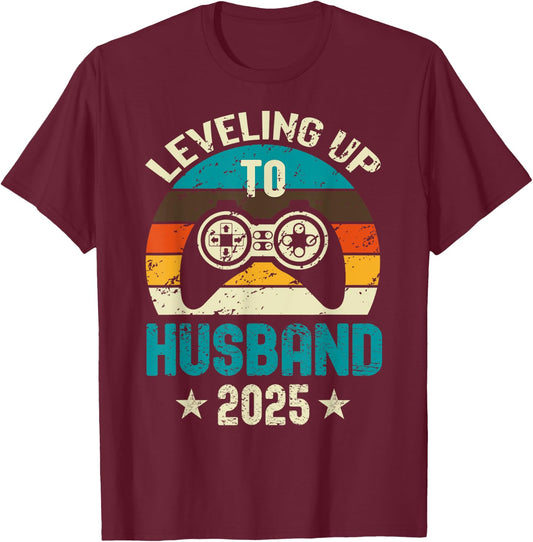 Engagement for Gamer Groom Leveling Up To Husband 2025 T-Shirt - T-Shirt | Maroon