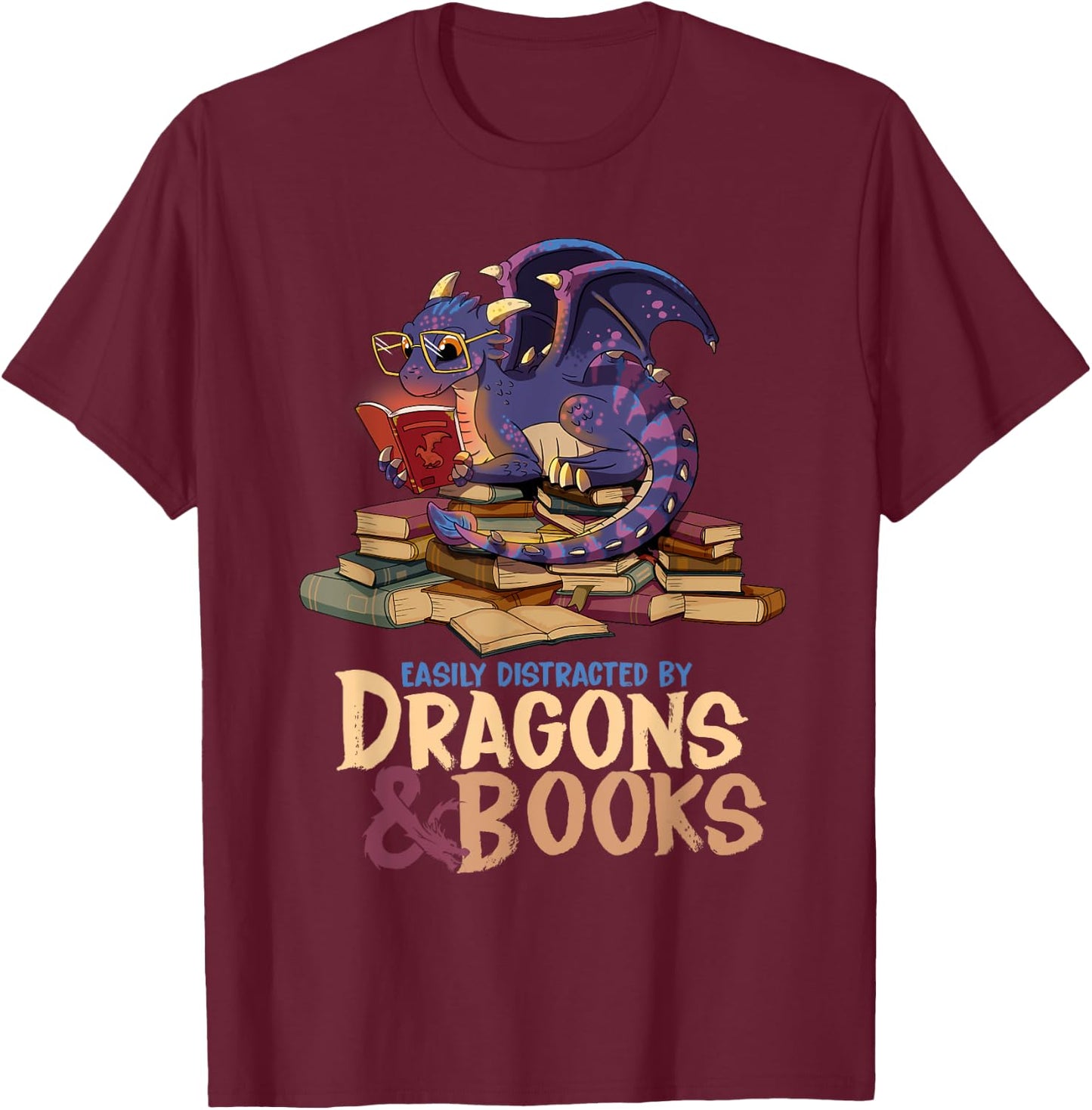 Easily Distracted By Dragons And Books Dragon Book Lover T-Shirt - T-Shirt | Maroon