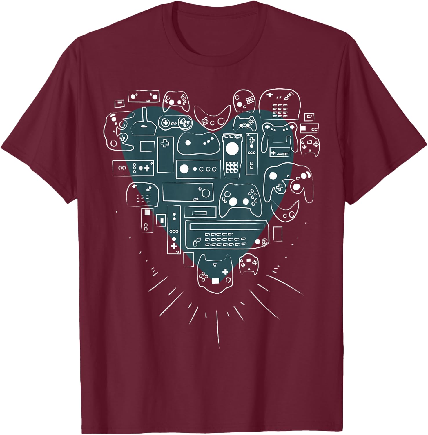 Retro Gaming Heart Video Game Controllers Gamer T-Shirt - T-Shirt | Maroon