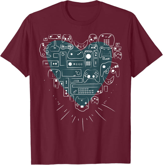 Retro Gaming Heart Video Game Controllers Gamer T-Shirt - T-Shirt | Maroon