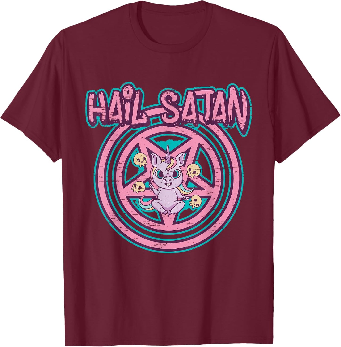 Hail Satan Death Metal Unicorn - Black Dark Rock Death Metal T-Shirt - T-Shirt | Maroon