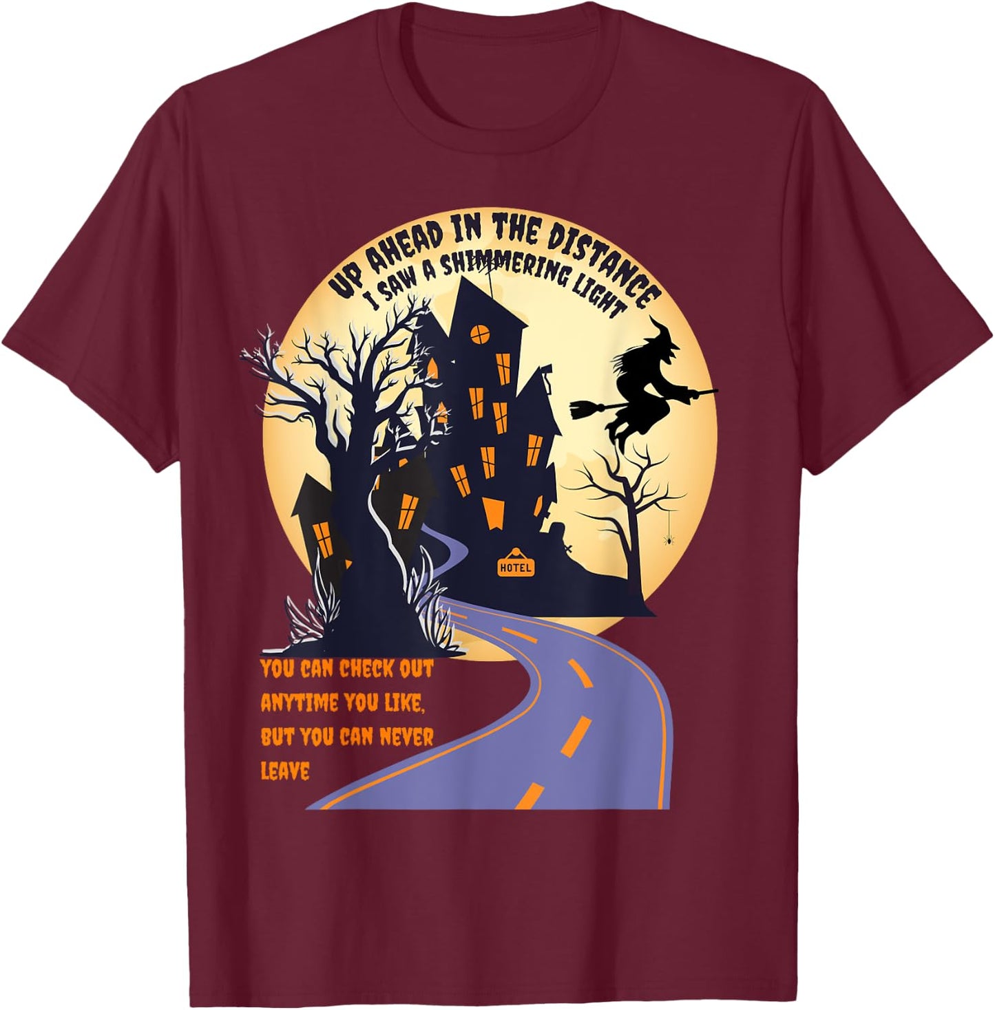 Witch riding broom on a dark/desert high way halloween moon T-Shirt - T-Shirt | Maroon