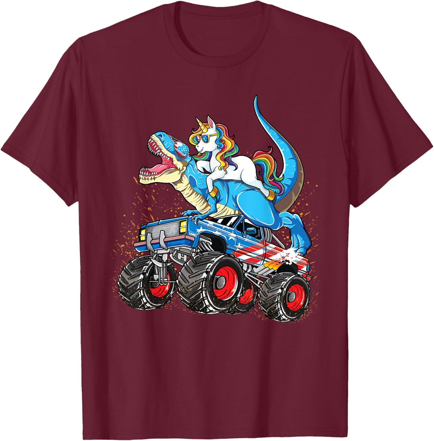 Unicorn Riding T rex Monster Truck Boys Girls Unicorn T-Shirt - T-Shirt | Maroon