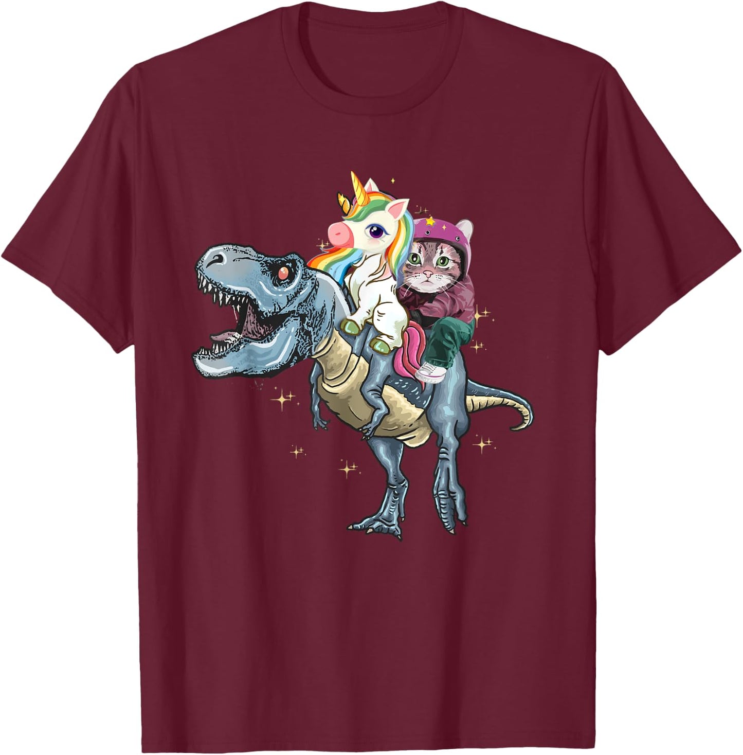 T-Rex Dinosaur Riding Unicorn Rainbow Funny Cat Lover T-Shirt - T-Shirt | Maroon