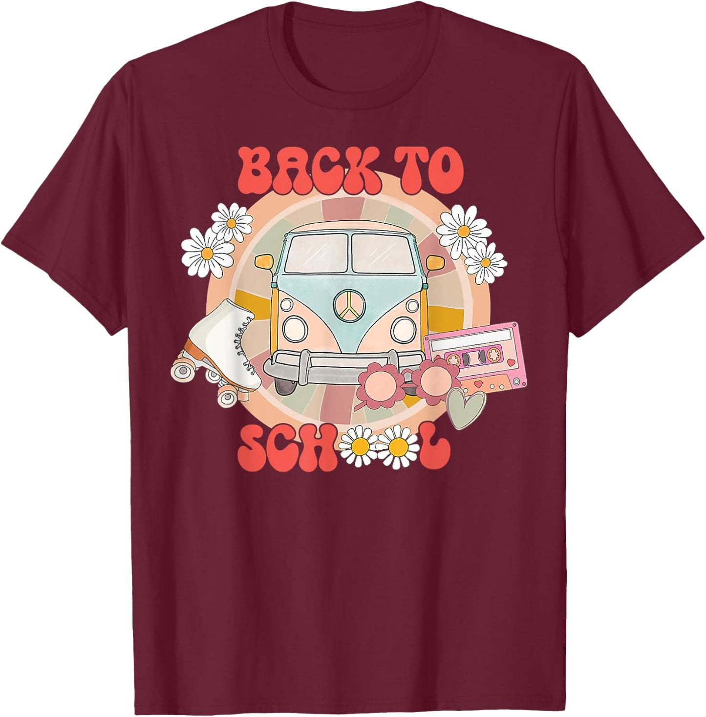 Back To School Groovy Retro Teacher Student Daisy Women Kids T-Shirt - T-Shirt | Maroon