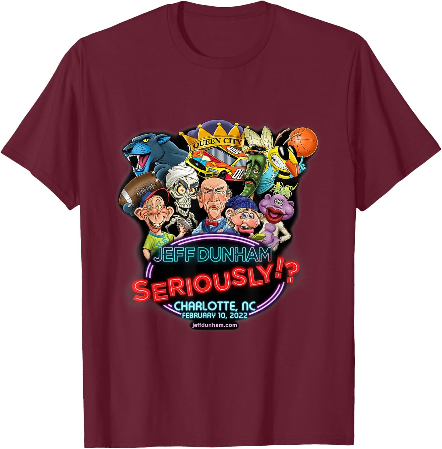 Jeff Dunham Charlotte, NC T-Shirt - T-Shirt | Maroon