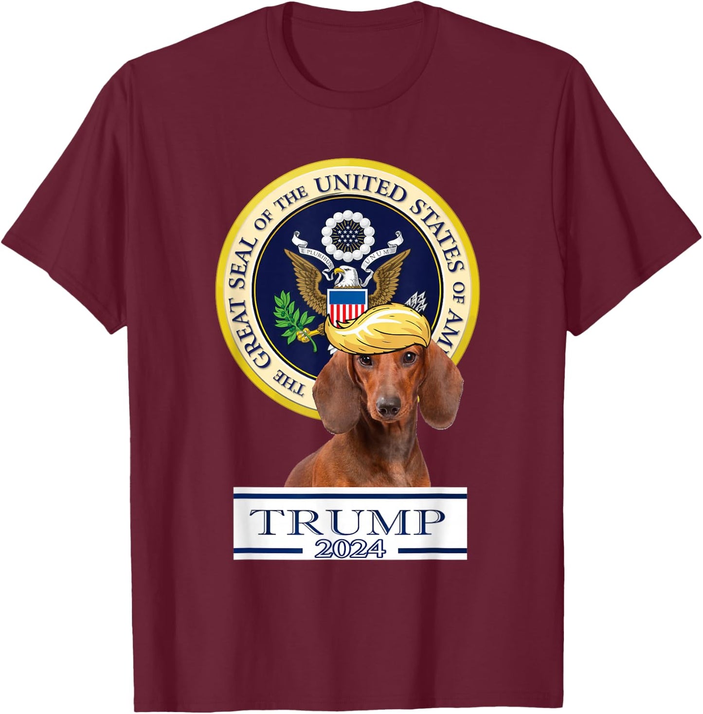 Trump 2024 Dog Trump 2024 Dachshund , Adult , Grey, Short Sleeve, 3XL, Regular Fit, Cotton/Polyester Blend T-Shirt - T-Shirt | Maroon