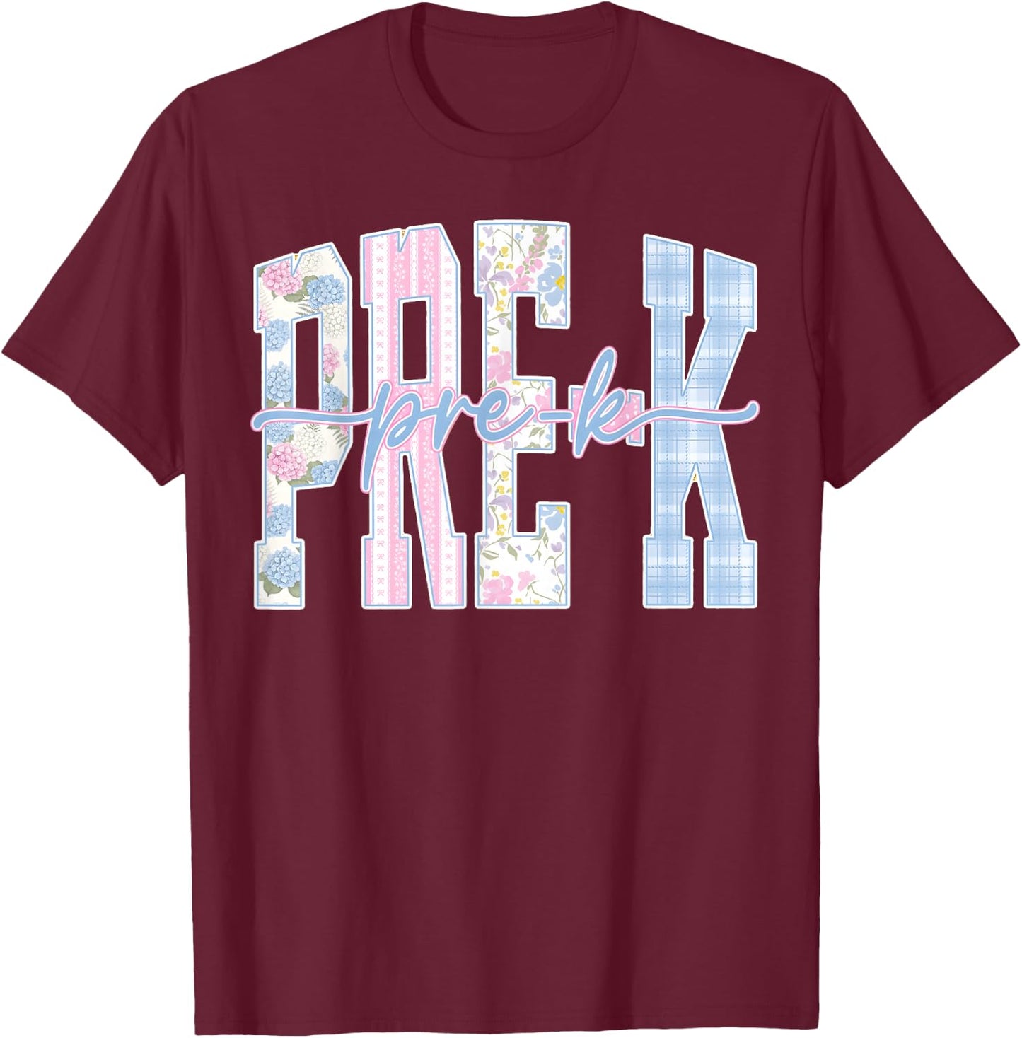 Back to School Pre K Floral Teacher Girl T-Shirt - T-Shirt | Maroon