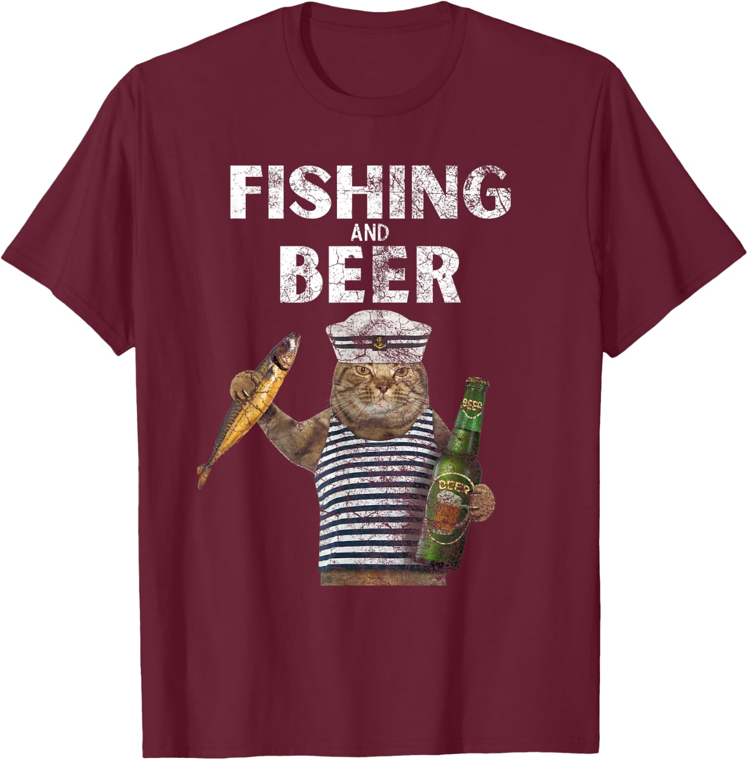 Fishing & Beer Funny Cat T-Shirt - T-Shirt | Maroon