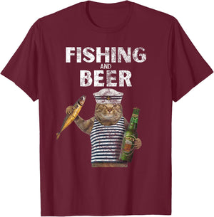 Fishing & Beer Funny Cat T-Shirt - T-Shirt | Maroon