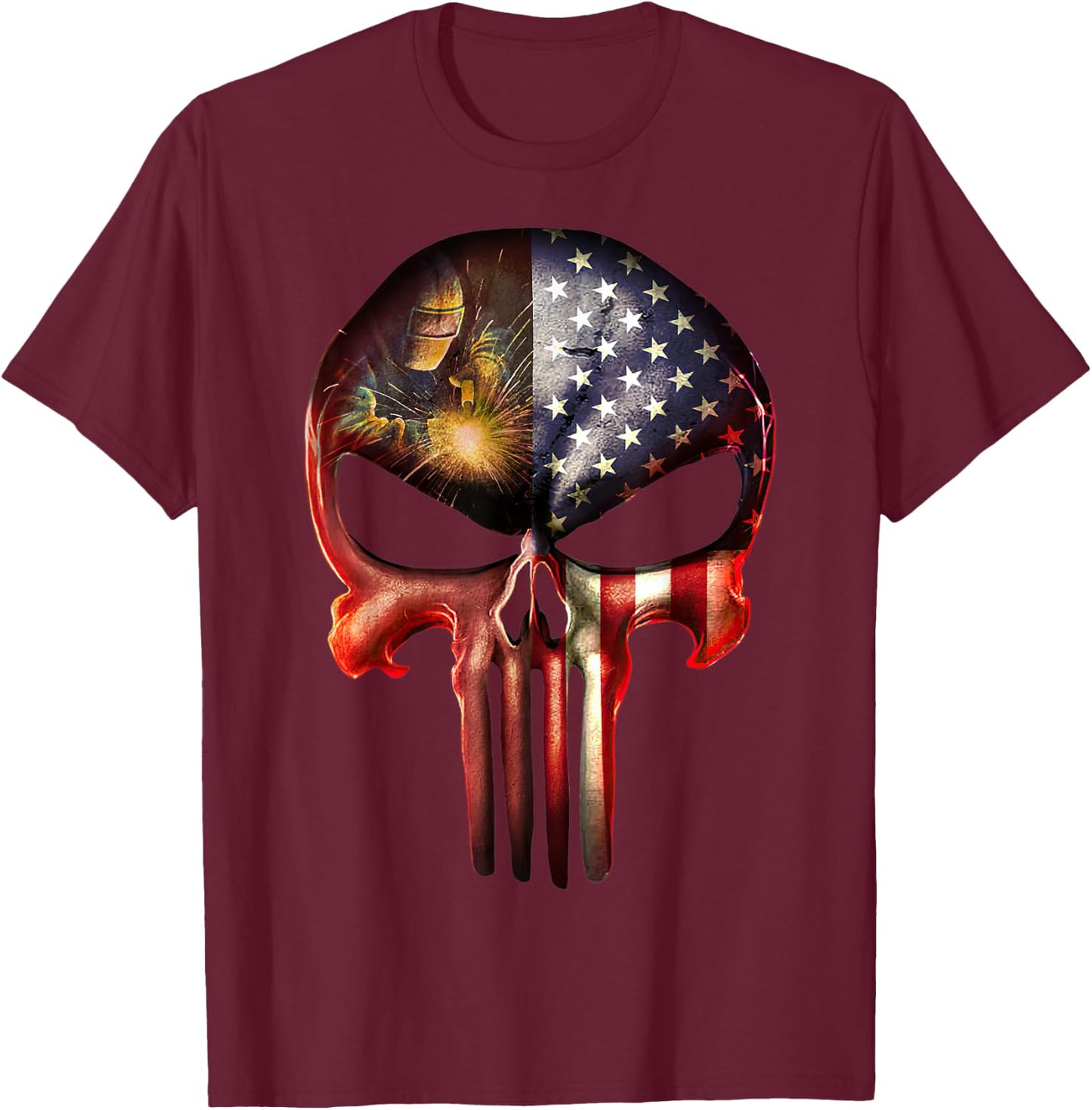 Welder American Flag Black Skull Patriotic Men's T-Shirt - T-Shirt | Maroon