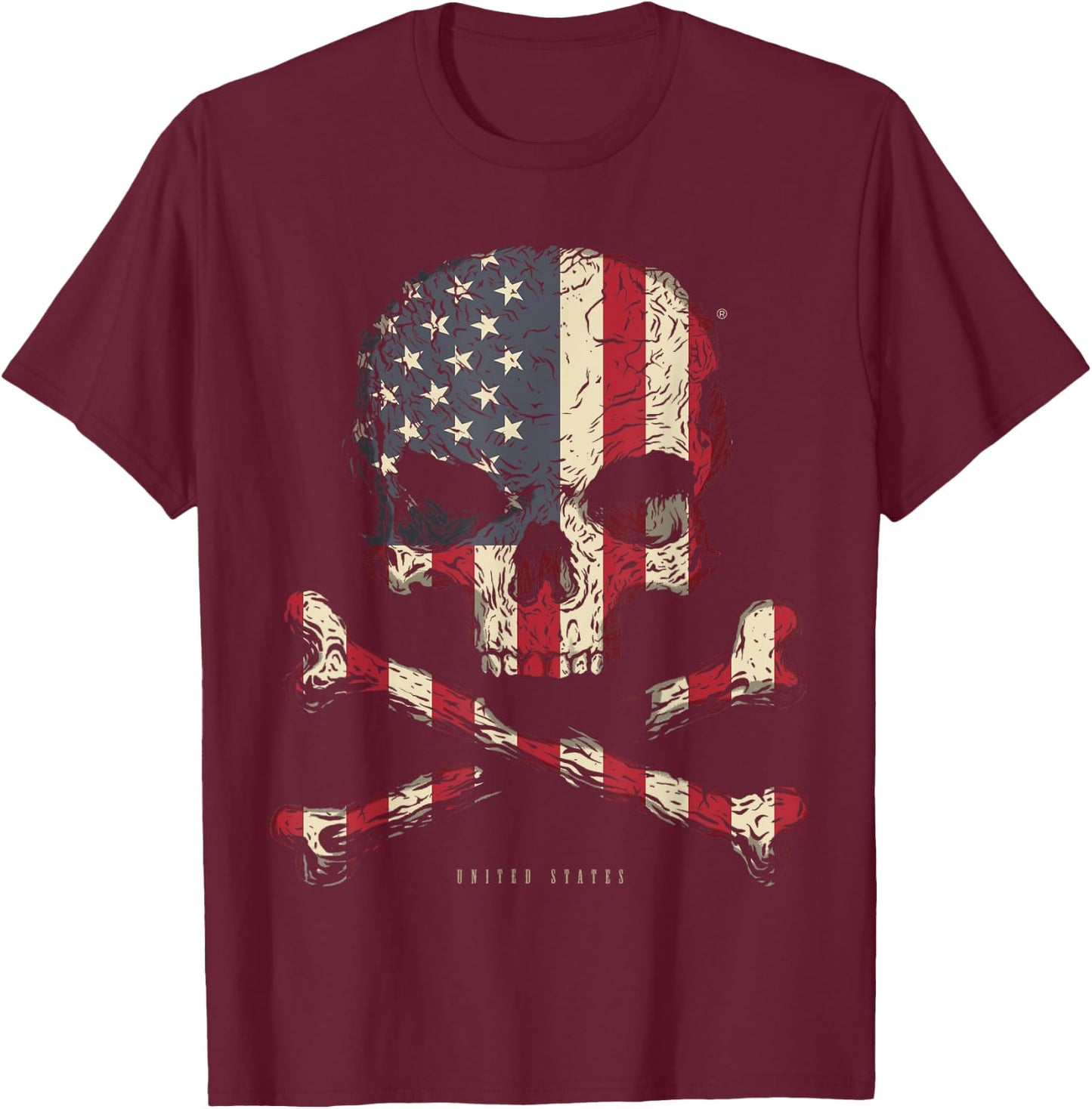 SKULL CROSSBONES UNITED STATES Flag Skeleton American Heart T-Shirt - T-Shirt | Maroon