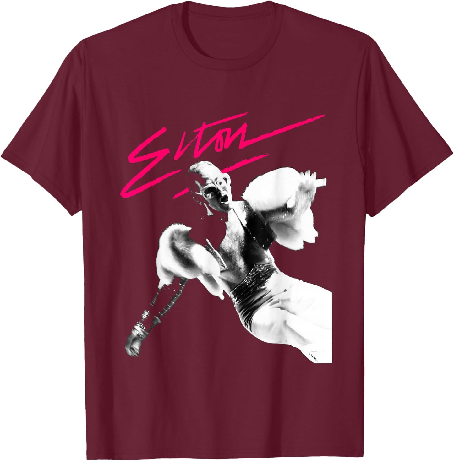 Elton John Official Pink Brush Photo T-Shirt - T-Shirt | Maroon