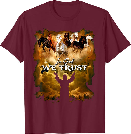 Jesus Horse In God We Trust - Christian , -Adults, -Kids, Black, Small, Short Sleeve T-Shirt - T-Shirt | Maroon