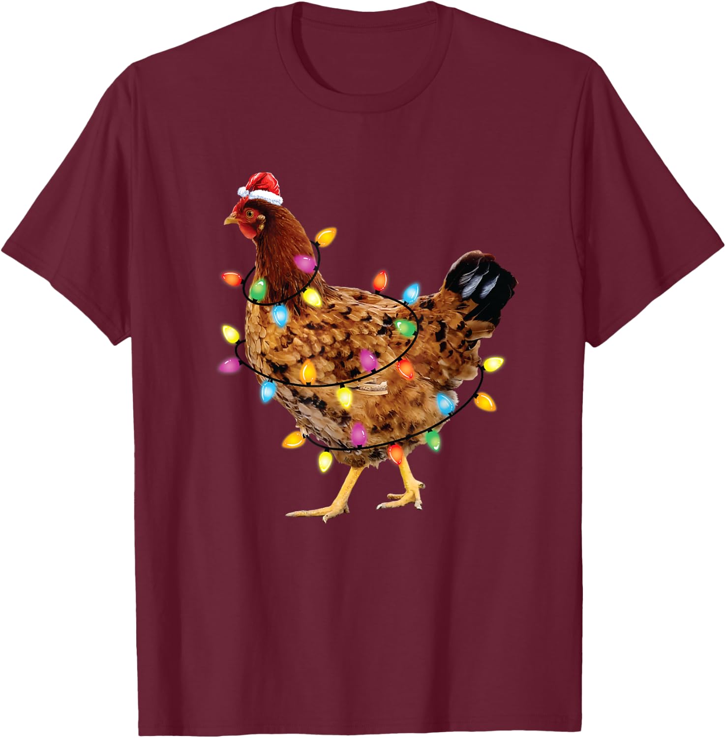 Christmas Lights Santa Chicken Funny Xmas Tree Chicken T-Shirt - T-Shirt | Maroon
