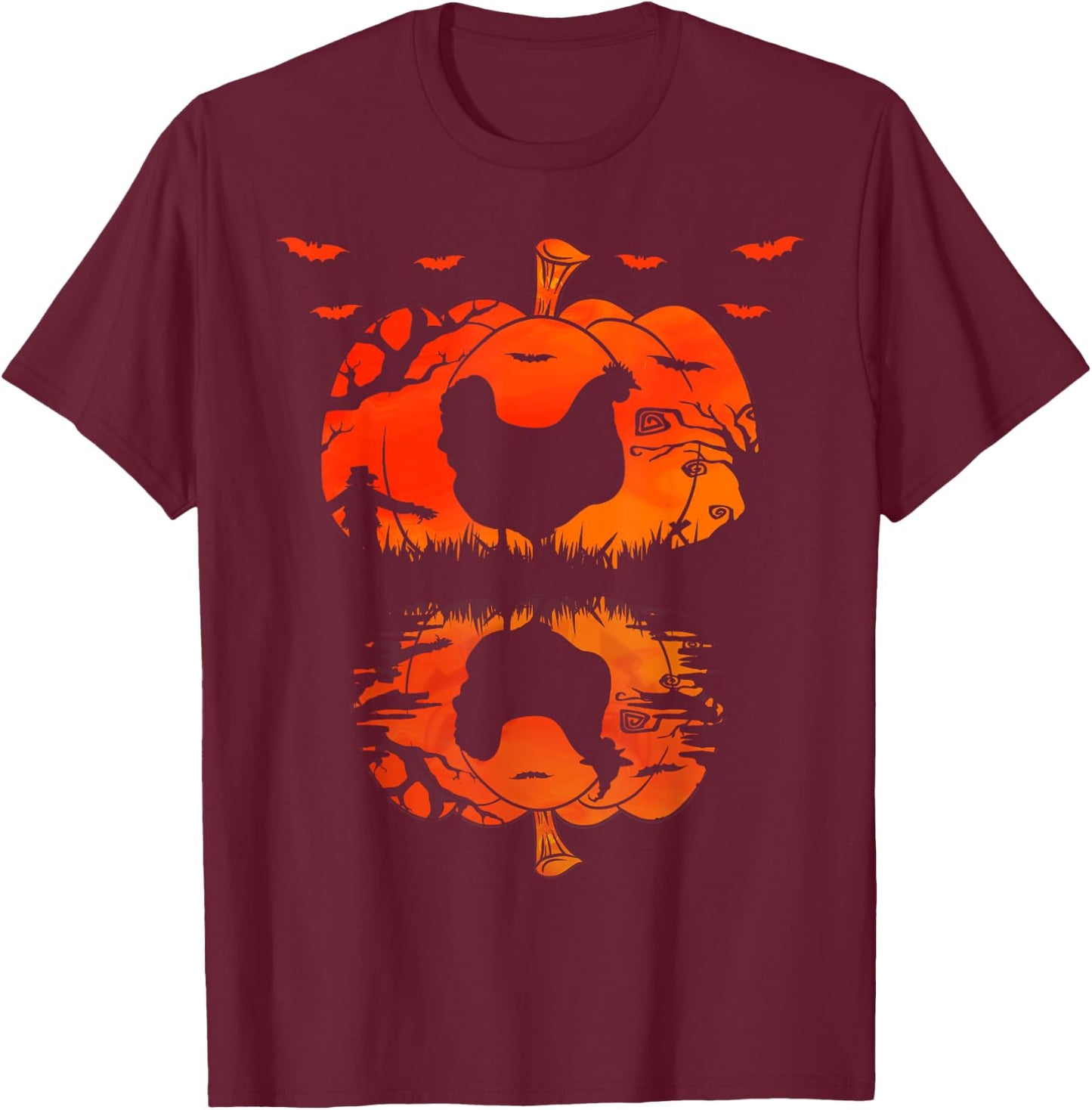 Chicken Silhouette Pumpkin Halloween Funny Chicken Witch T-Shirt - T-Shirt | Maroon