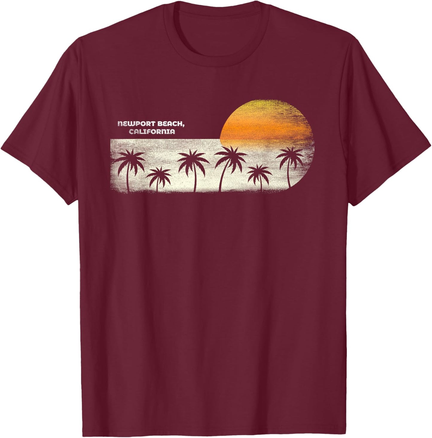 Vintage Newport Beach CA Ocean Sunset and Palm Trees T-Shirt - T-Shirt | Maroon