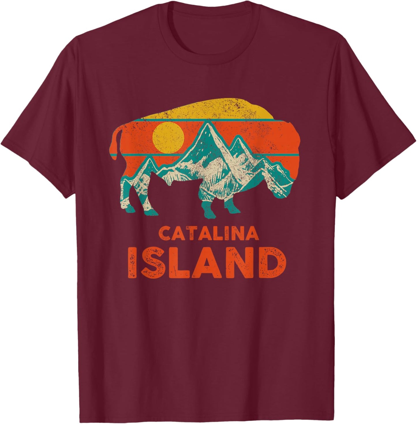 Catalina Island Vintage Bison Buffalo America Souvenir T-Shirt - T-Shirt | Maroon