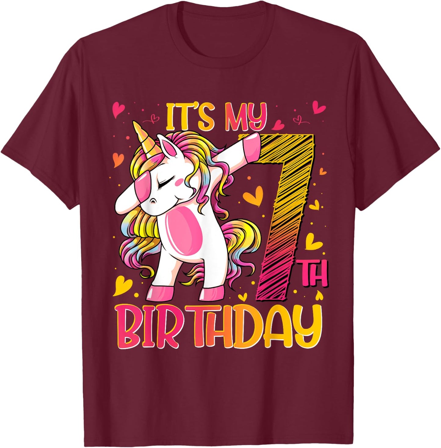 7 Year Old Unicorn Dabbing 7th Birthday Girl Unicorn Party T-Shirt - T-Shirt | Maroon