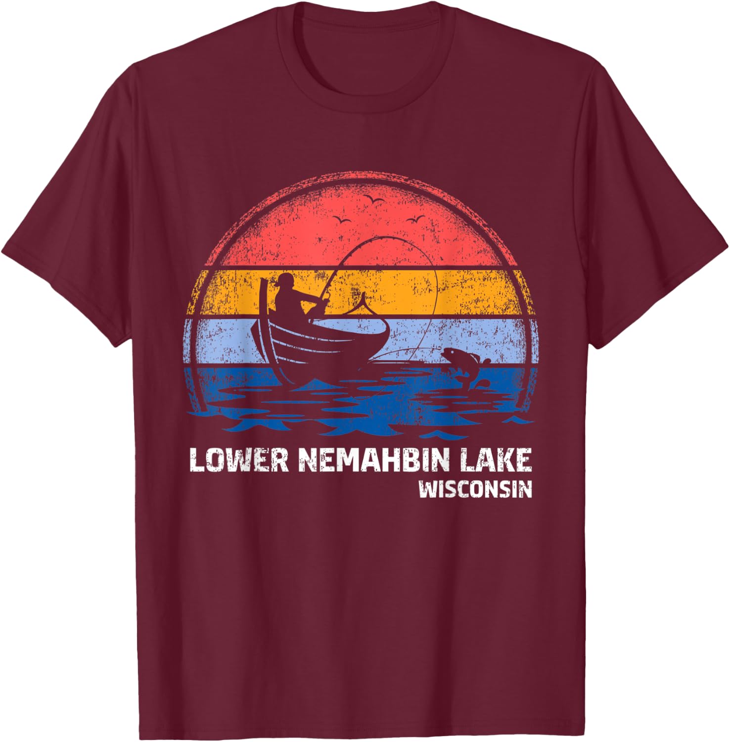 Vintage Retro Wisconsin Lower Nemahbin Lake Summer Fishing T-Shirt - T-Shirt | Maroon