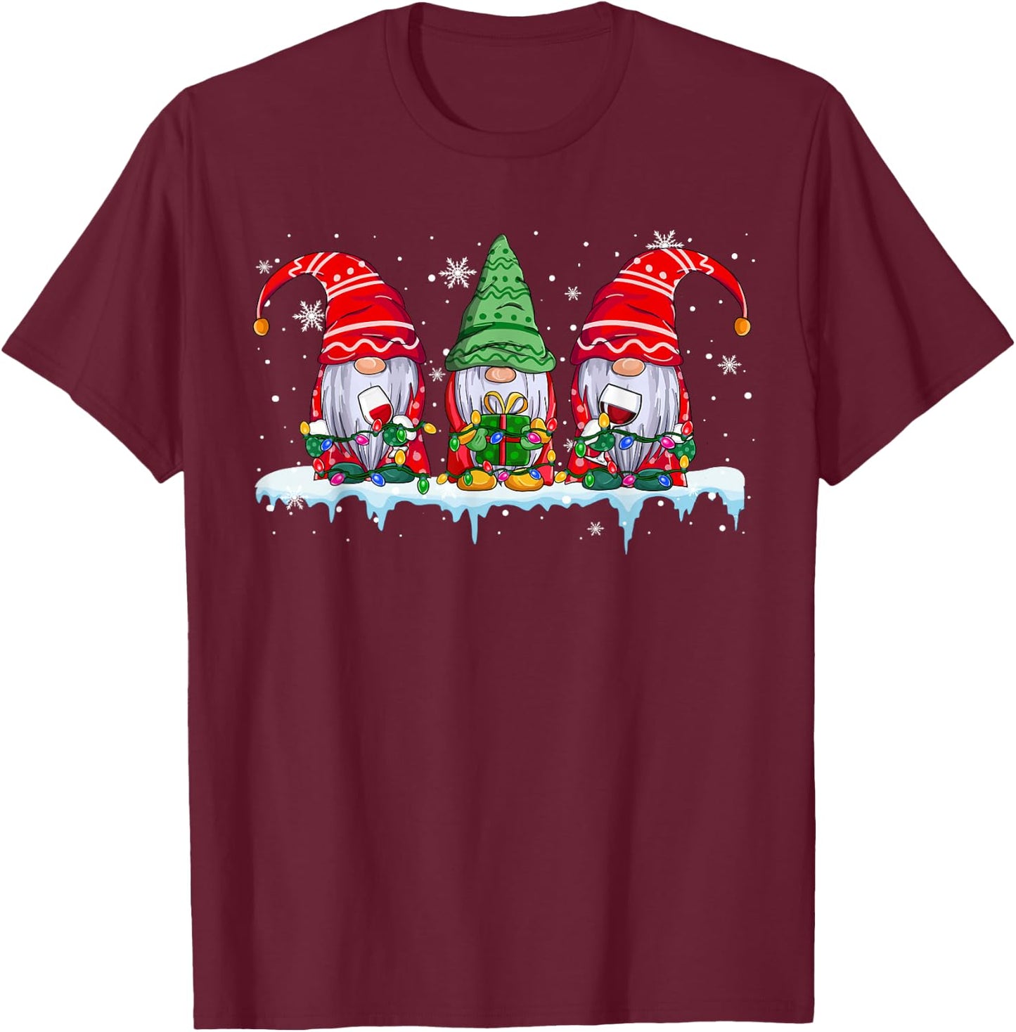 Three Gnomes Drinking Wine Funny Xmas Lights Gnome Wine T-Shirt - T-Shirt | Maroon
