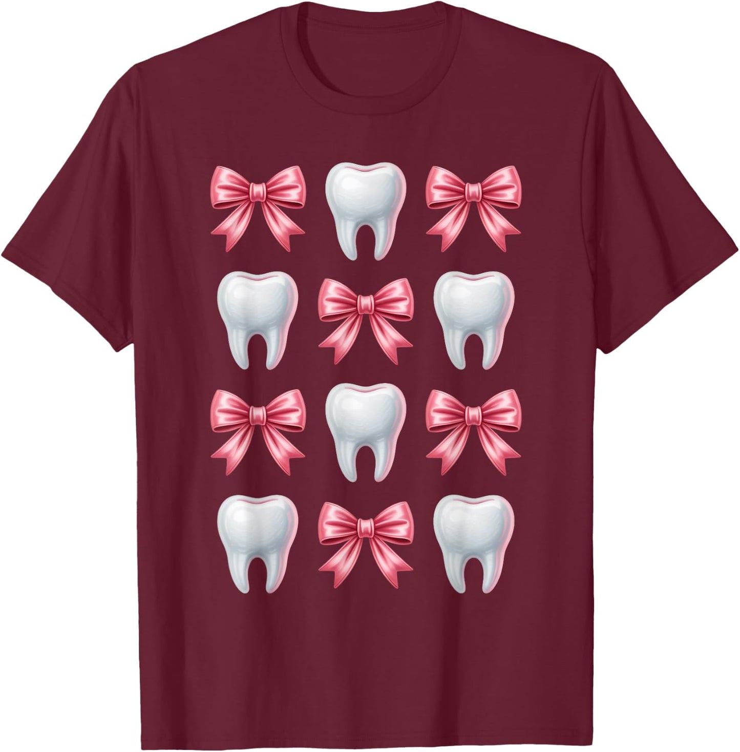 Cute Pink Coquette Bow Teeth Dentist Squad Dental Assistant T-Shirt - T-Shirt | Maroon