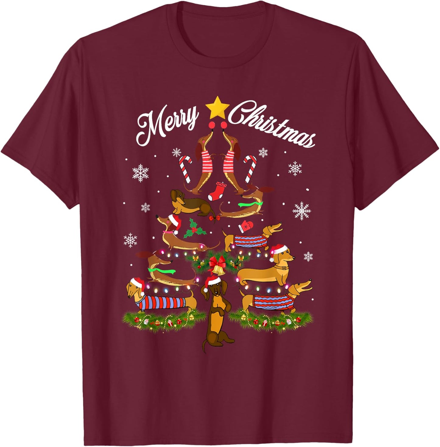 Dachshund Merry Christmas Tree Light Funny Dackel Dachshund T-Shirt - T-Shirt | Maroon