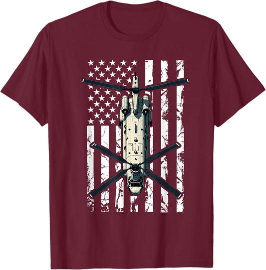 CH 47 Chinook Helicopter Pilot USA Flag Retired Veteran T-Shirt - T-Shirt | Maroon