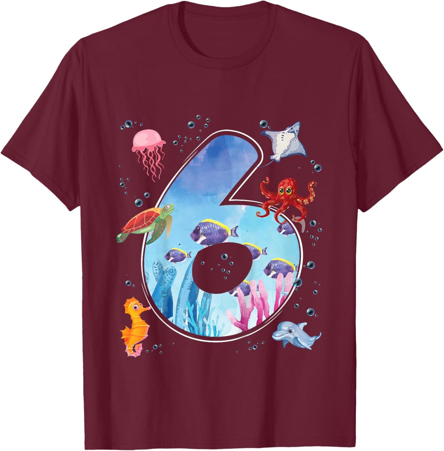 Kids 6th Birthday Party Ocean 6 Year Old Sea Fish Aquarium Boy T-Shirt - T-Shirt | Maroon