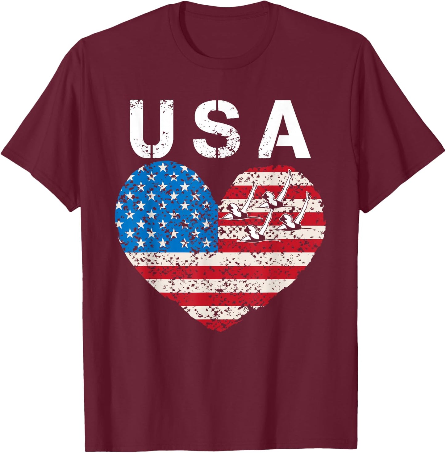 USA artistic swimming team American flag heart US Swim Aqua T-Shirt - T-Shirt | Maroon