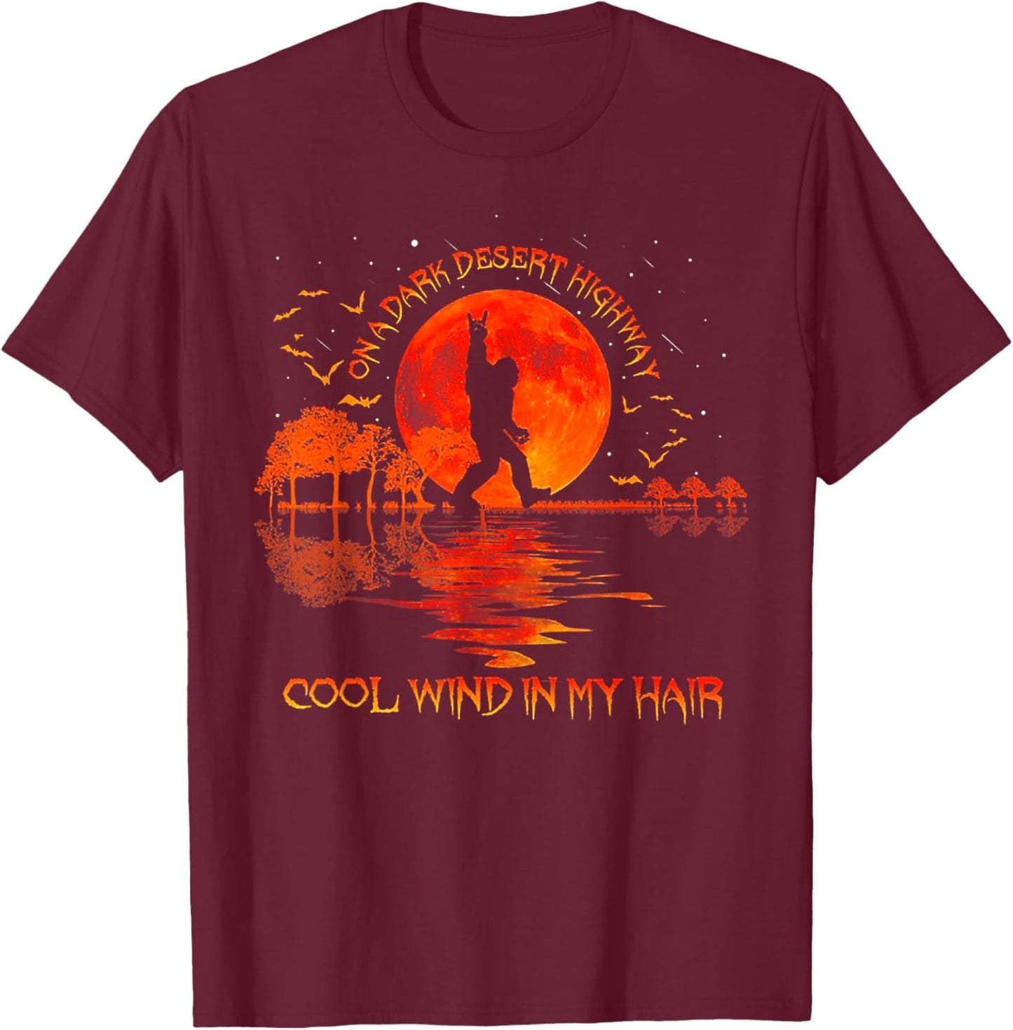 Bigfoot On A Dark Desert Highway Hand Rock And Roll T-Shirt - T-Shirt | Maroon