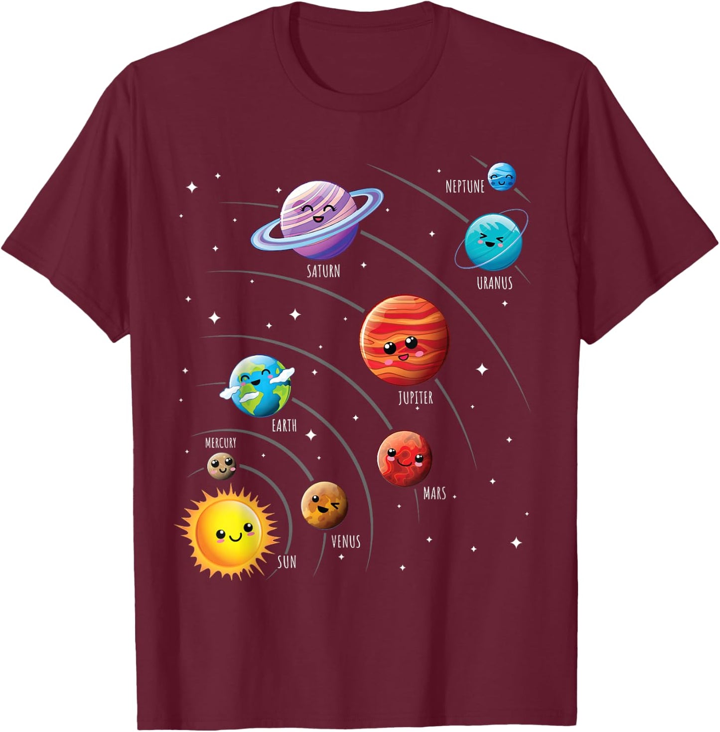 Kids Colorful Solar System Cute Anime Planets Space T-Shirt - T-Shirt | Maroon