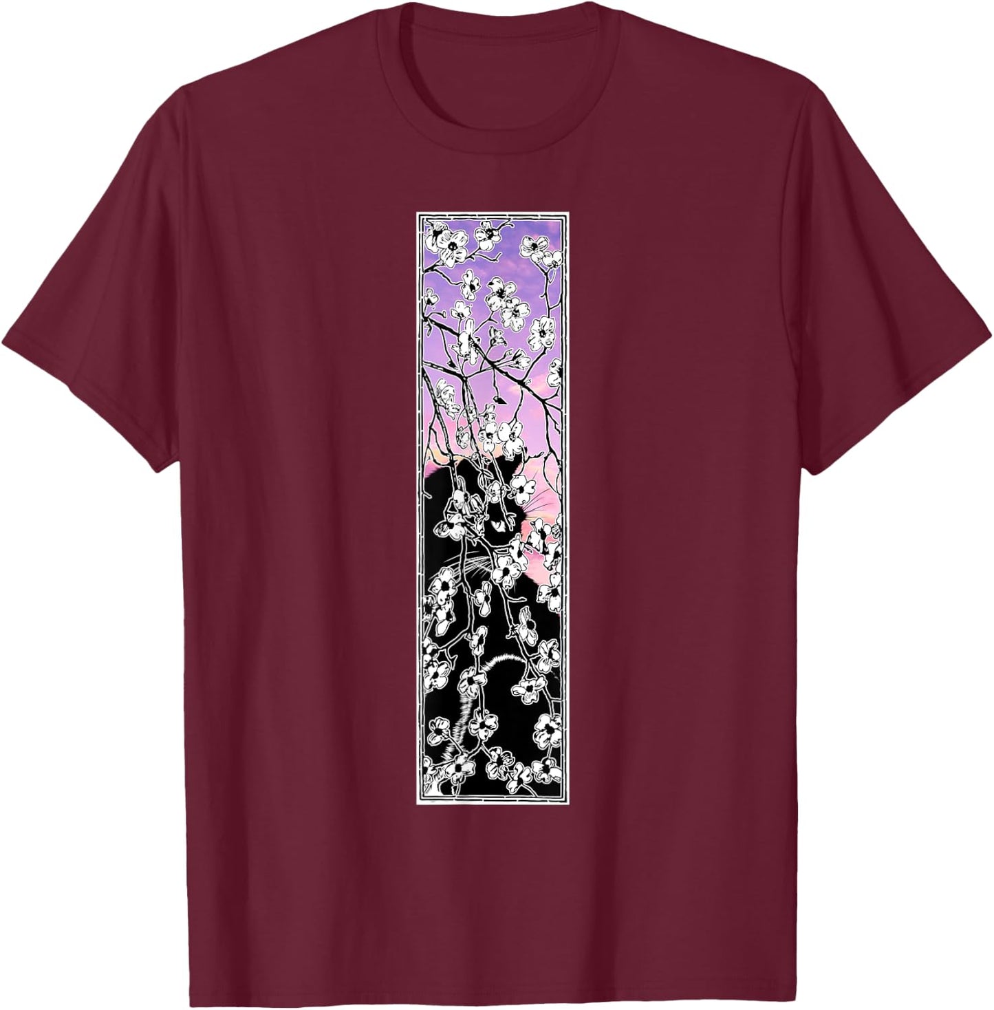 Cherry Blossom flowers pattern Cat Black Pink Sky Sunset T-Shirt - T-Shirt | Maroon