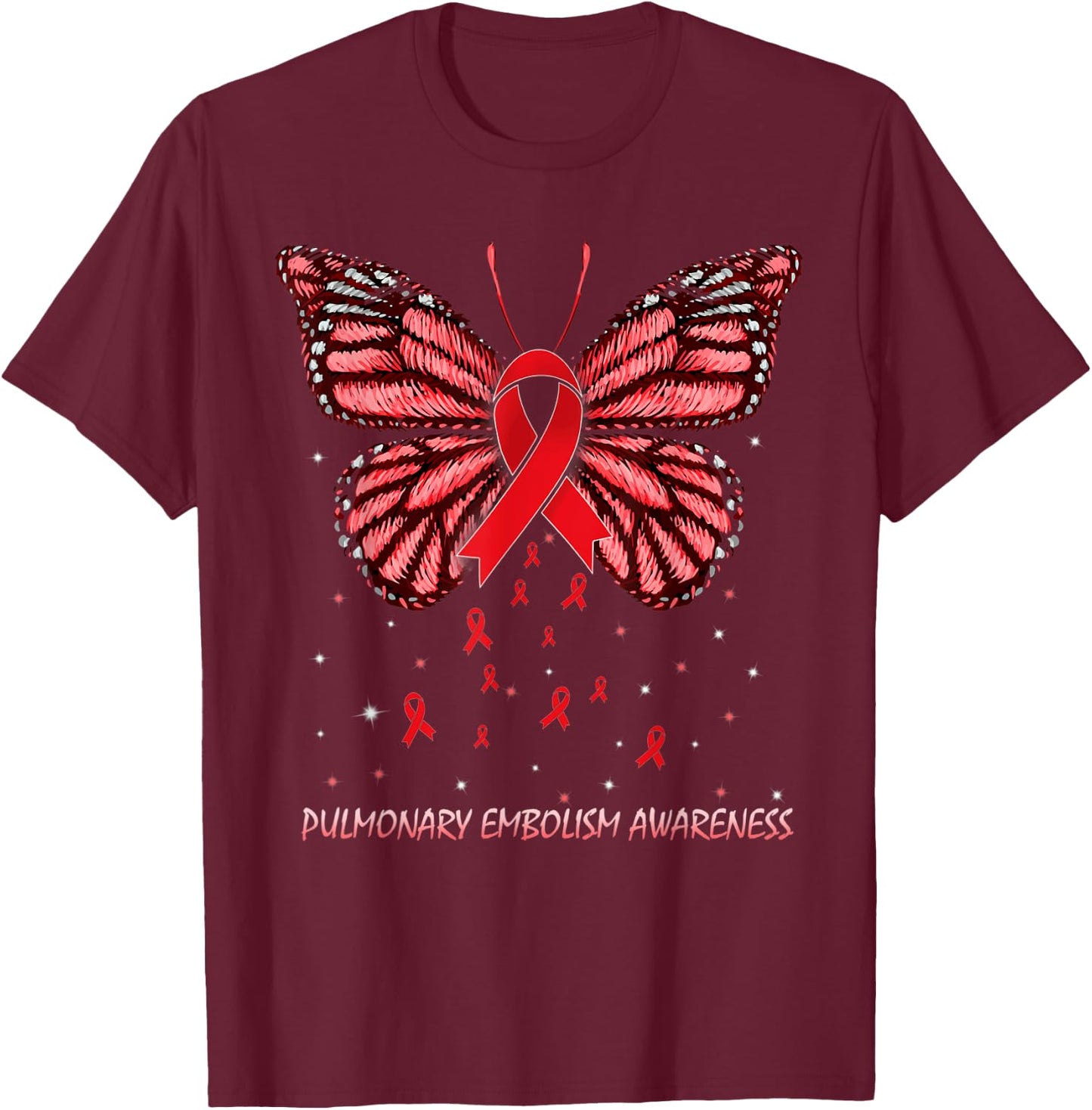 Pulmonary Embolism Awareness Butterfly T-Shirt - T-Shirt | Maroon
