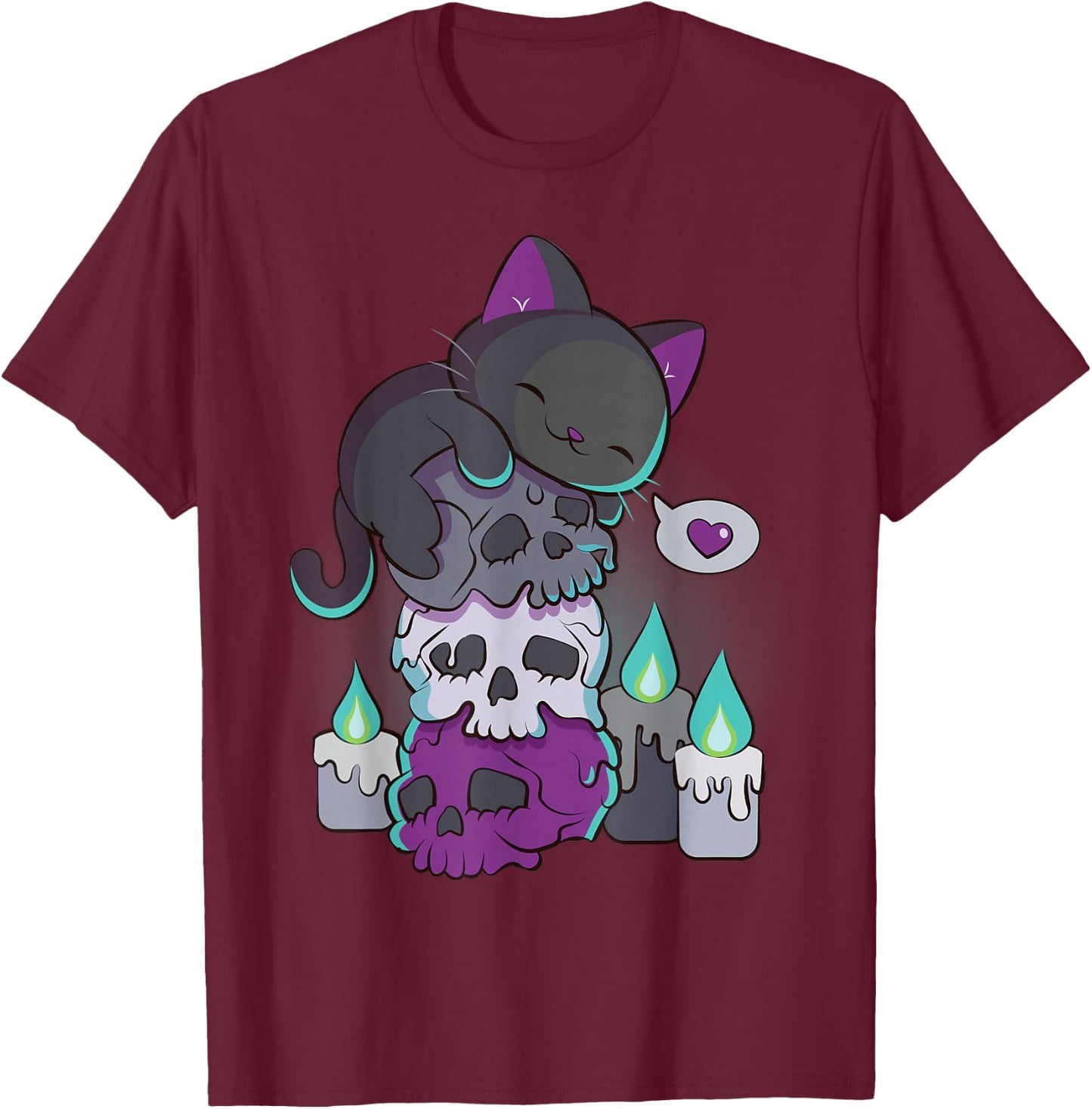 Asexual Pride Cute Black Cat on Skulls Kawaii Goth Aesthetic T-Shirt - T-Shirt | Maroon