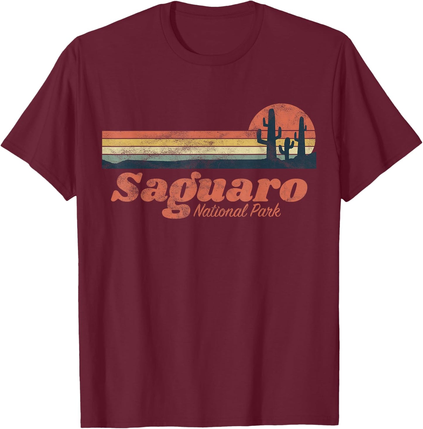 Retro Saguaro National Park Vintage Vibe Chest Stripe Cactus T-Shirt - T-Shirt | Maroon
