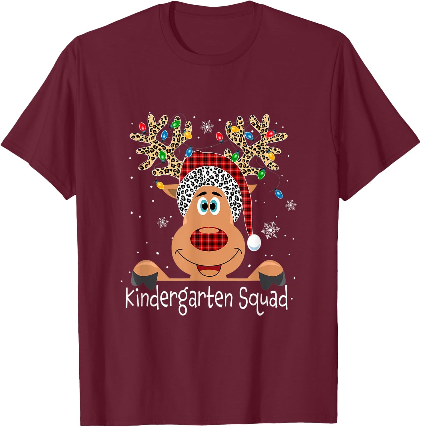 Kindergarten Squad Plaid Reindeer Santa Hat Teacher Xmas T-Shirt - T-Shirt | Maroon