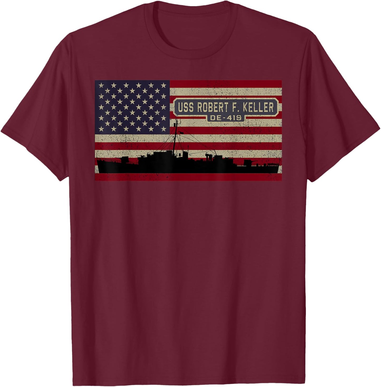 USS Robert F Keller DE-419 Ship American Flag Kids Men T-Shirt - T-Shirt | Maroon