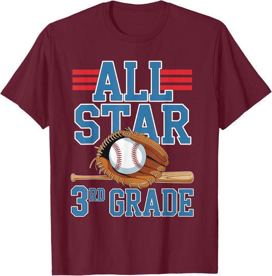 All Star 3rd Grade With Baseball Player First Day Of School T-Shirt - T-Shirt | Maroon