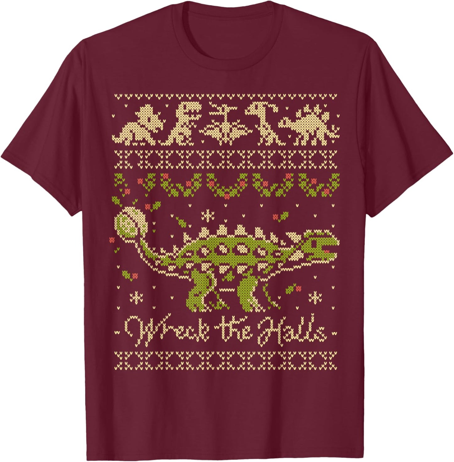 Ankylosaurus Dinosaur Christmas Sweater T-Shirt - T-Shirt | Maroon