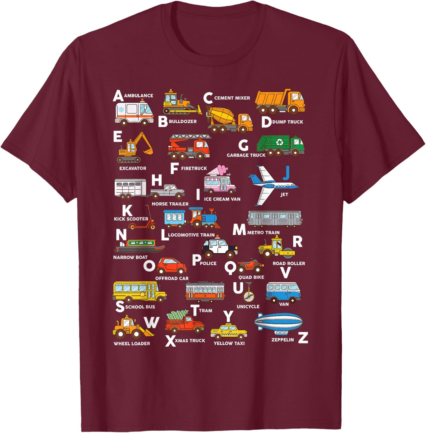 Alphabet Vehicles ABCs Learning Teachers Kids Boys Girls T-Shirt - T-Shirt | Maroon