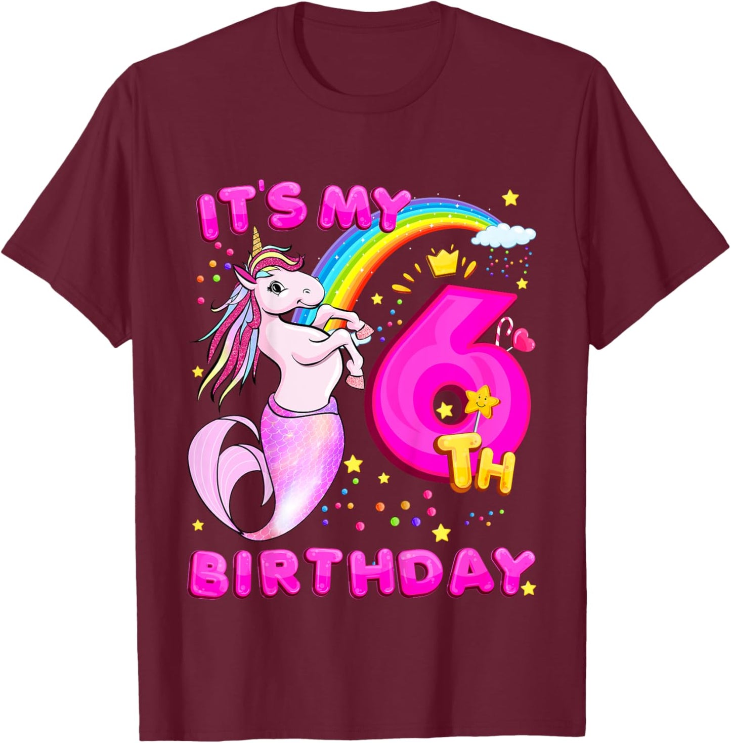 6th Birthday Unicorn Mermicorn Mermaid Gifts For Girls T-Shirt - T-Shirt | Maroon