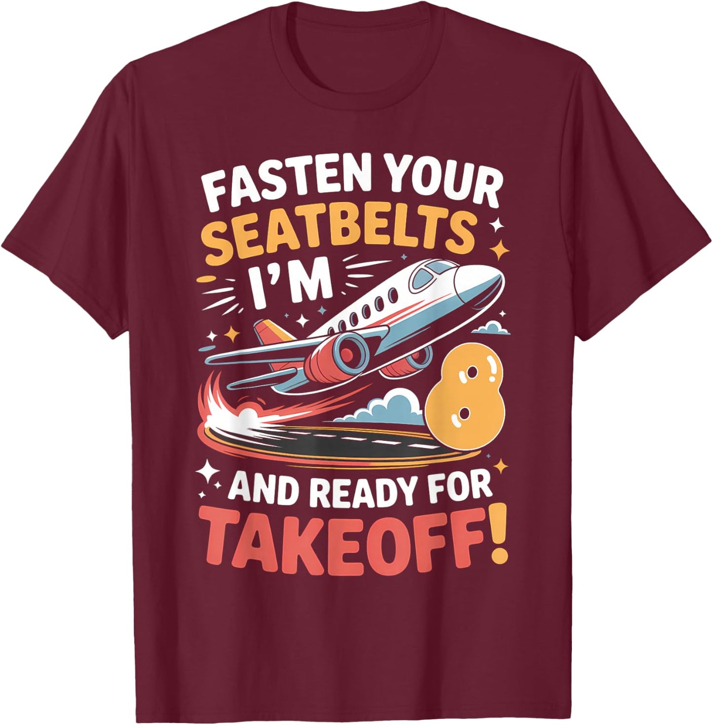 8th Birthday Airplane Take Off Boys Kids 8 Bday Funny Plane T-Shirt - T-Shirt | Maroon
