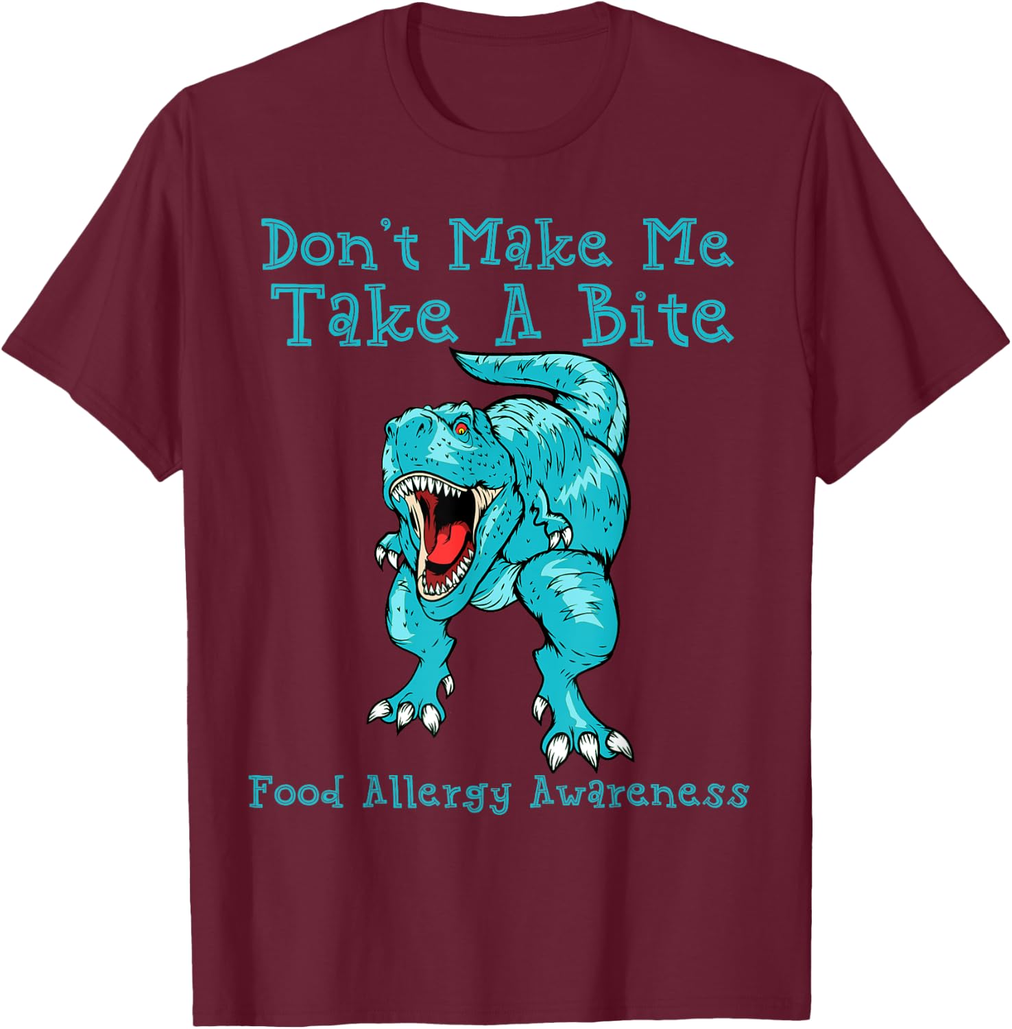 Kids Food Allergy Awareness T Shirt Boys Teal Rex Dinosaur T-Shirt - T-Shirt | Maroon